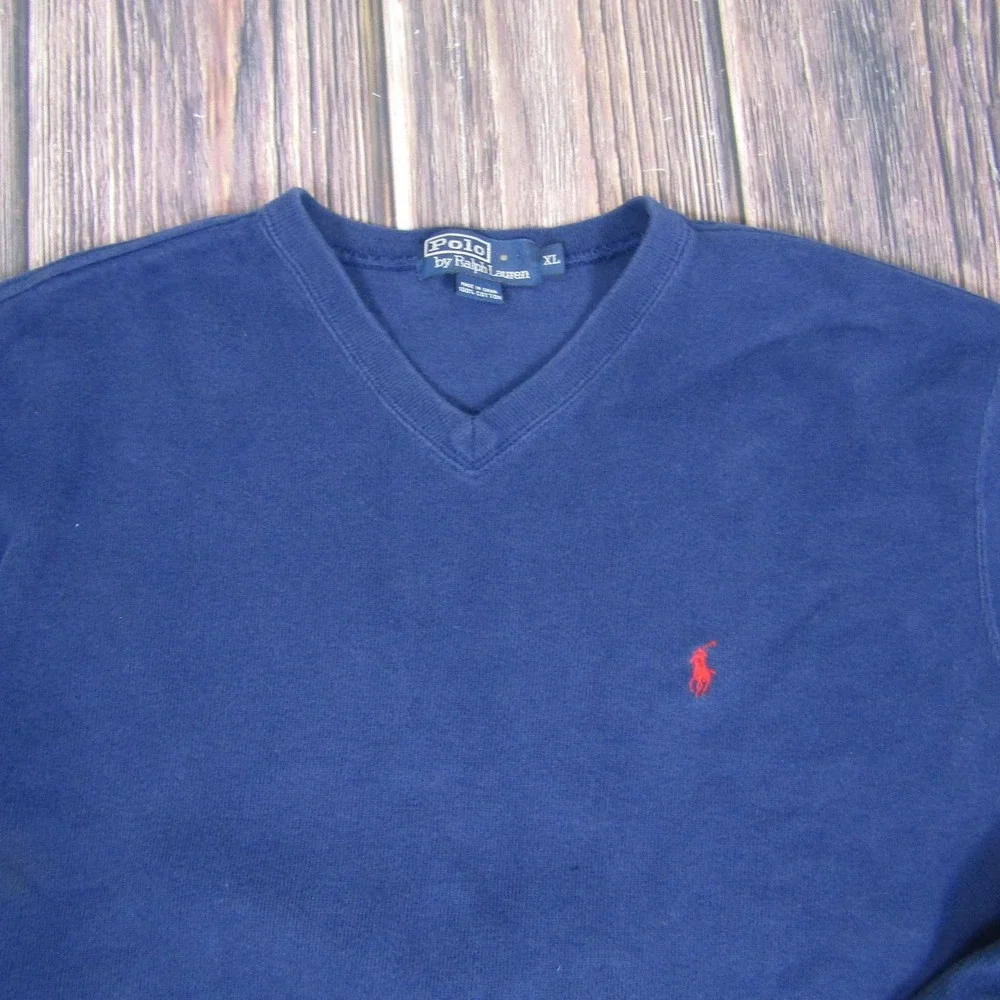 Polo Ralph Lauren Sweater Mens XL Navy Blue V Neck Pullover Red Pony Logo Cotton